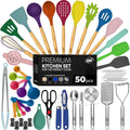 50 Piece Set of Silicone and Stainless Steel Cooking Utensils | Dishwasher Safe and Heat Resistant Kitchen Tools | Colorful Set, College Bundle