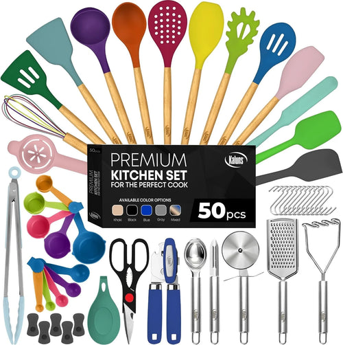 50 Piece Set of Silicone and Stainless Steel Cooking Utensils | Dishwasher Safe and Heat Resistant Kitchen Tools | Colorful Set, College Bundle