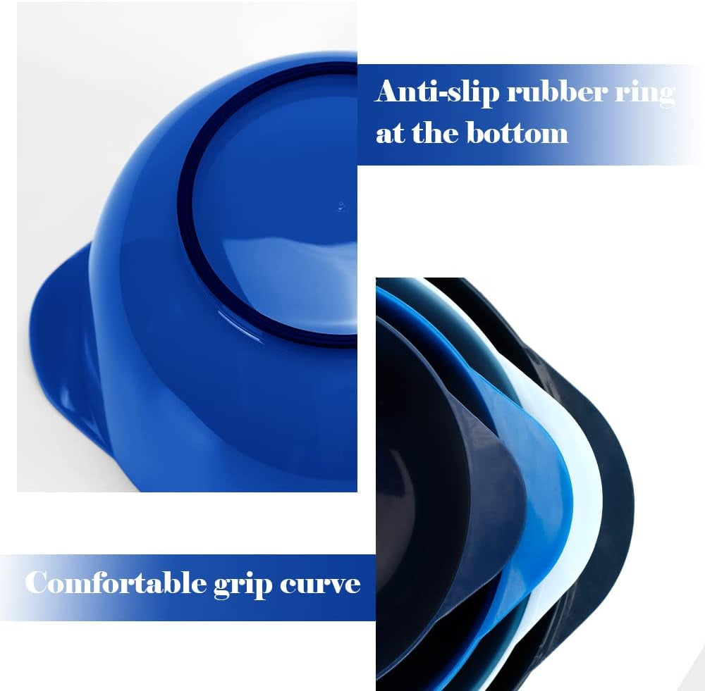 Nesting Plastic Mixing Bowl Set with Pour Spout, Microwave and Dishwasher Safe, BPA Free Non-Slip Base, Set of 4 Size 1.7, 2.5, 3.5 and 4.5Qt, Great for Prepping, Baking, Cooking (Dark Blue)