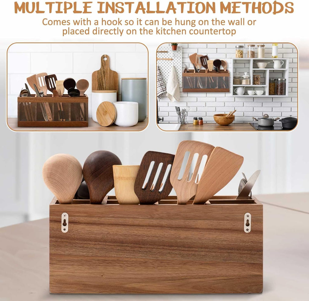 8 Compartments Large Kitchen Utensil Holder | Organizer for Counter | Extra Large Acacia Rustic Wood Utensil Holder for Storage Cooking and Silverware