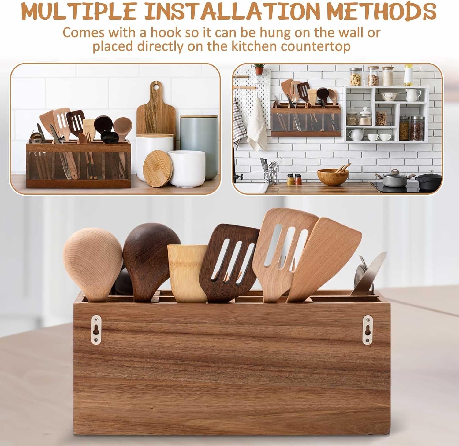 8 Compartments Large Kitchen Utensil Holder | Organizer for Counter | Extra Large Acacia Rustic Wood Utensil Holder for Storage Cooking and Silverware